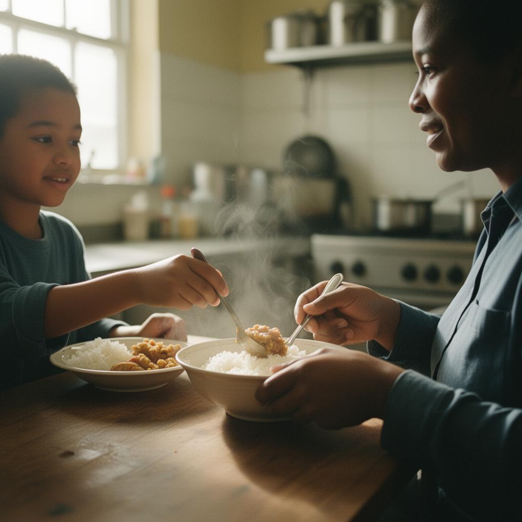 Mutter und Kind teilen eine warme Mahlzeit