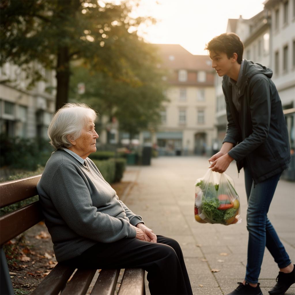 Junger Mensch bringt einer älteren Frau Einkäufe