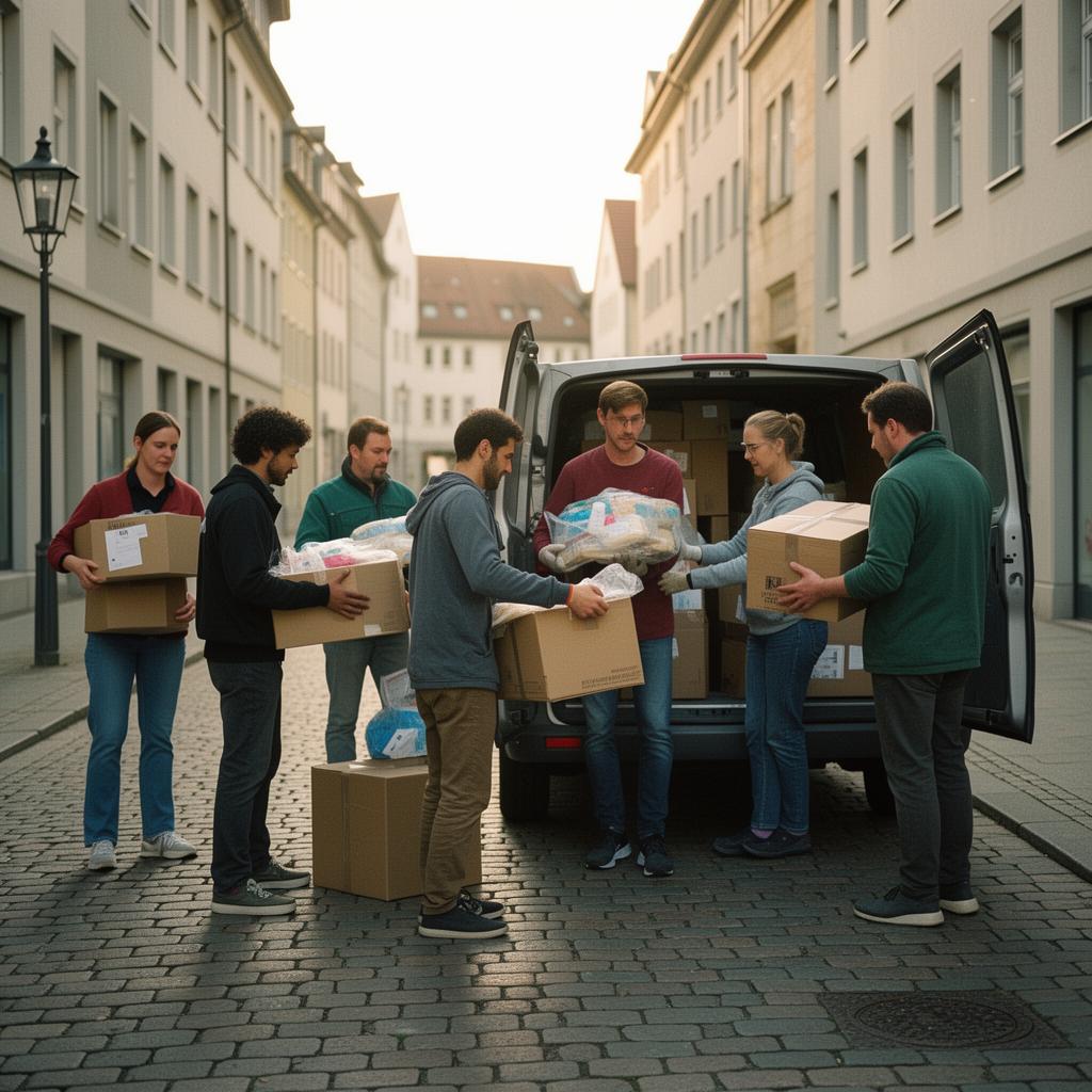 Freiwillige laden Sachspenden in einen Transporter